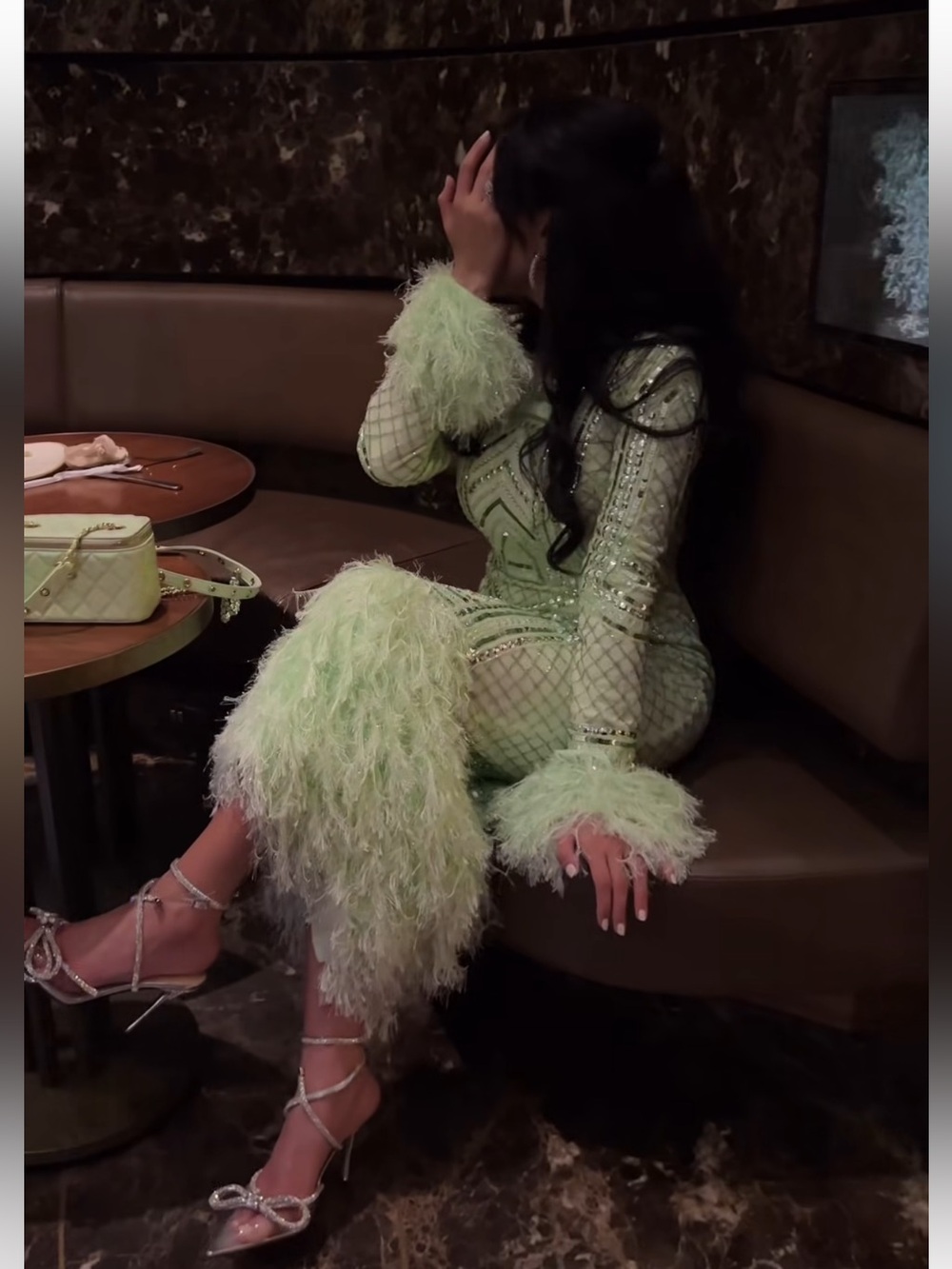 Embellished Feather Cuff Long Sleeve Dress - Pistachio Green